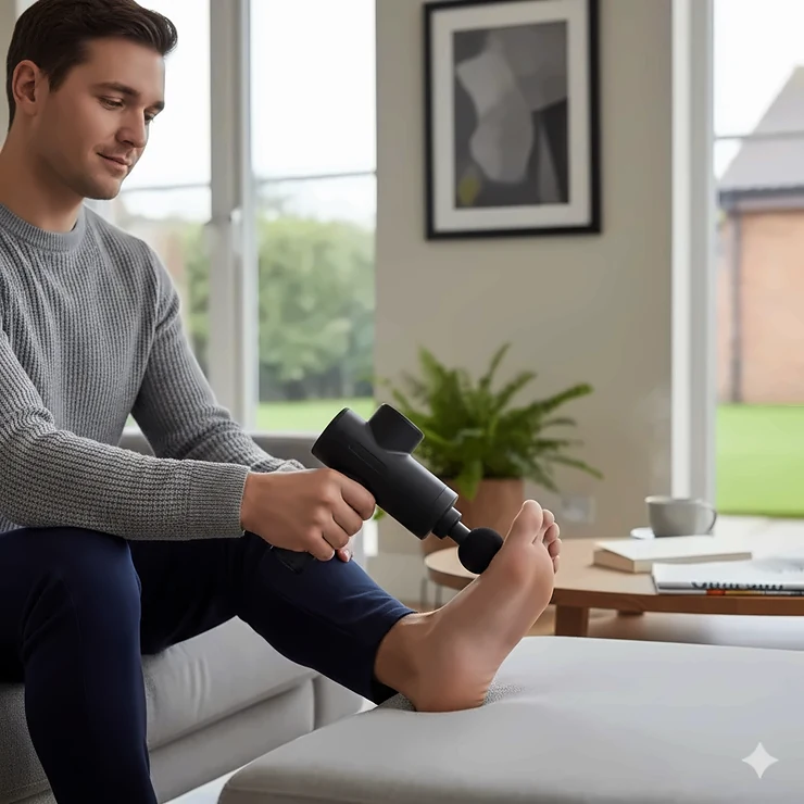 A person using a handheld massage gun on the arch of their foot to treat plantar fasciitis and provide heel pain relief. massage gun for plantar fasciitis and heel pain relief