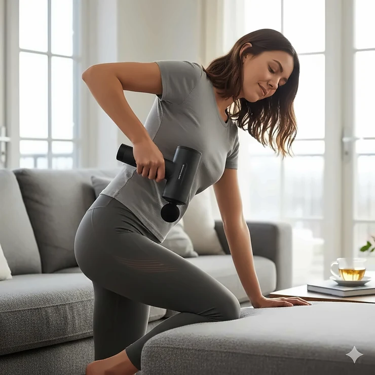 A woman in a modern British home using a handheld massage gun on her lower back and glute for sciatica nerve pain relief. massage gun for sciatica nerve pain relief