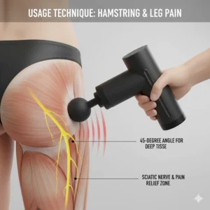 Close-up showing the correct 45-degree angle for applying a massage gun to the hamstring for radiating nerve pain.