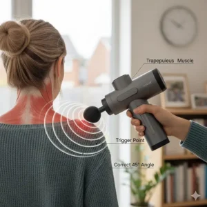 Alt text for image 7 Illustration demonstrating the correct forty-five degree angle to apply a massage gun to the trapezius muscle for effective shoulder pain relief.