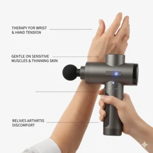 A close-up view of a massage gun being applied to the forearm and wrist to help relieve arthritis discomfort and hand tension.