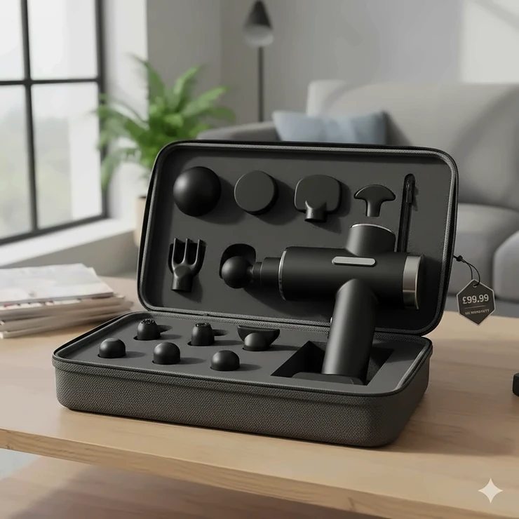 A professional deep tissue massage gun under £100 with six interchangeable heads and a carrying case. massage gun under £100 with multiple attachments