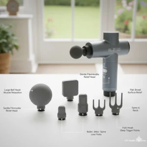 A range of interchangeable massager heads including large ball, fork, and bullet attachments for customised fibromyalgia relief.
