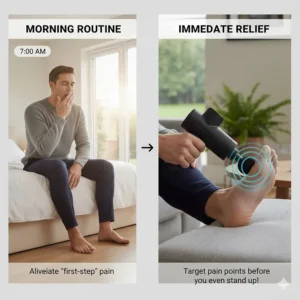 A split-screen illustration showing a morning routine using a massage gun to alleviate first-step pain before standing up.