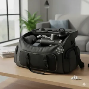 A compact massage gun with multiple heads packed in a gym bag, perfect for UK fitness enthusiasts.