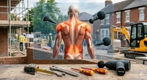 A detailed, photorealistic 4K anatomical diagram of the human muscle system on a transparent digital display floating above a UK construction site workbench, highlighting the trapezius and lumbar spine muscles for treatment.