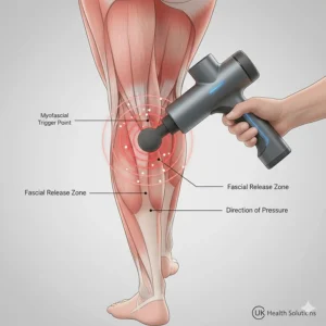 Technical illustration showing a massage gun being used for myofascial trigger point release on the calf muscle to reduce stiffness.