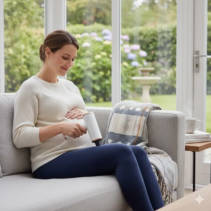 A pregnant woman sitting comfortably on a sofa in a bright UK conservatory, safely using a handheld percussion massager on her leg to relieve muscle tension. percussion massager for pregnant women safe to use