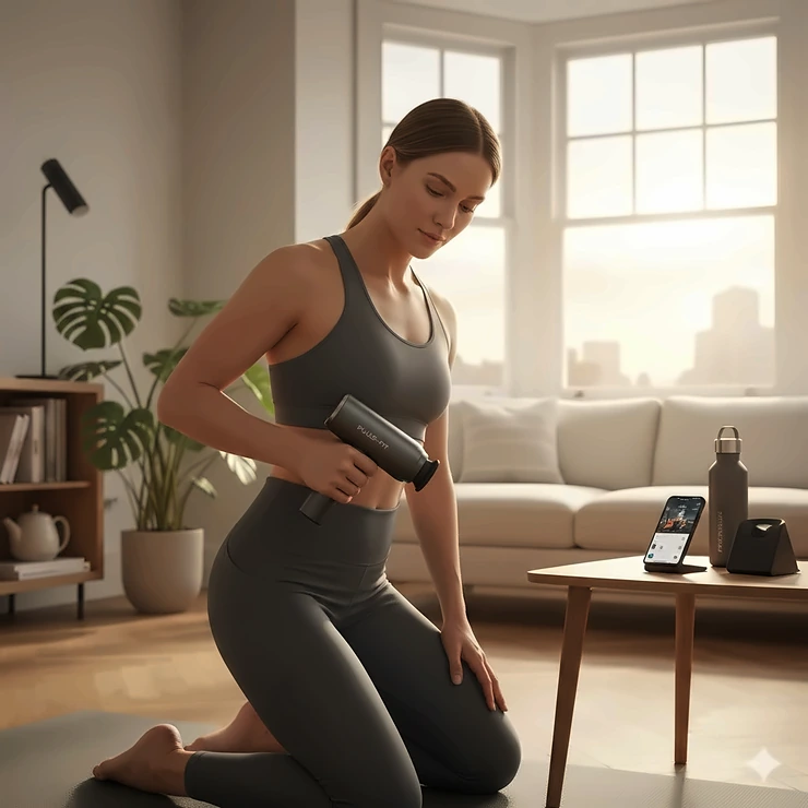 A person in a modern British home using a percussion massager on their glutes to help with hip pain relief and muscle activation. percussion massager for glute activation and hip pain