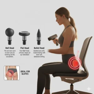 A comparison of massage gun attachments including the ball, flat, and bullet heads, showing their application for gluteal massage.