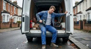 A photorealistic 4K image capturing a British plumber in a grey 'TRADE RELIEF' t-shirt leaning with relief against his white Ford Transit van on a wet residential street while using a handheld percussion massager on his lower back.