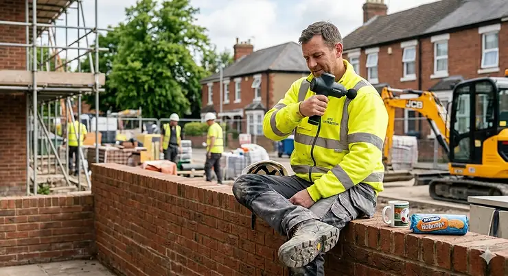 A photorealistic medium shot of a British construction worker in a high-visibility jacket using a black percussion massager on his shoulder during a tea break on a UK building site, with terraced houses and a yellow excavator in the background. percussion massager for manual workers and tradespeople