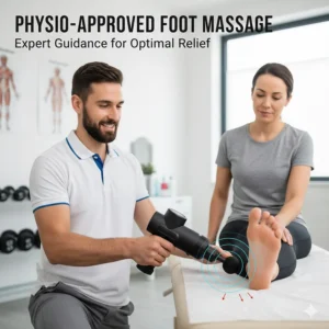 A professional physiotherapy setting showing a clinician demonstrating expert guidance for optimal foot pain relief using a massage device.