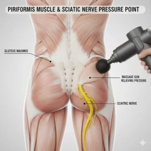 Deep tissue diagram showing how a massage gun reaches the piriformis muscle to reduce pressure on the sciatic nerve.