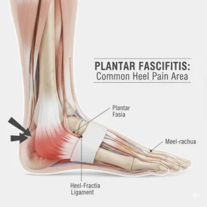 A detailed anatomical diagram of the human foot highlighting the plantar fascia ligament and common areas for heel pain.