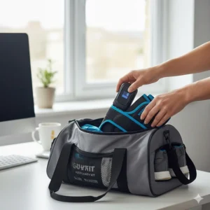 A compact, portable calf recovery device being packed into a gym bag for use at the office or club.