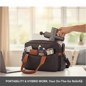 A compact massage gun being packed into a commuter laptop bag, highlighting portability for UK hybrid workers.