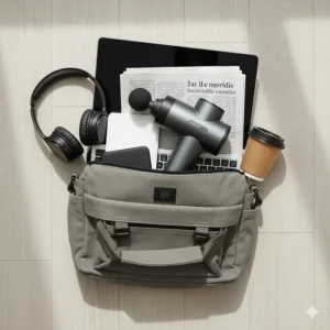 Alt text for image 6 A compact massage gun packed in a grey commuter laptop bag alongside a reusable coffee cup and headphones.