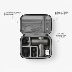An open, high-quality zipped travel case neatly storing a massage gun, UK charger, and various attachments for easy home storage.