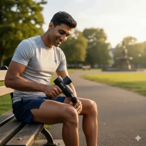 A lightweight, ergonomic massage gun priced under £100 being used for post-run leg recovery.