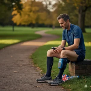 A British runner using a portable recovery device on their calves after a long-distance run.