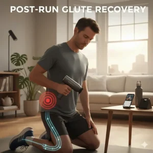 A male runner performing post-run recovery on a yoga mat using a percussion massager to reduce soreness in the hips and glutes.
