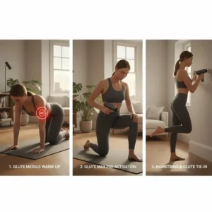 A three-step sequence showing glute medius warm-up, glute max pre-activation, and hamstring tie-in exercises with a massager.