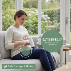 An illustration demonstrating how to use a massage gun on the glutes and hips to manage pelvic girdle discomfort during the third trimester.