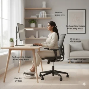 Alt text for image 3 Illustration of a correct ergonomic desk setup in a UK home office to prevent recurring shoulder strain and back pain.