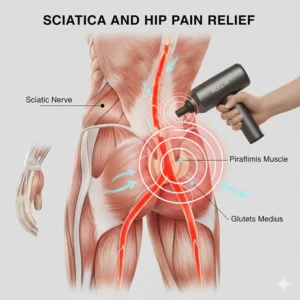Medical diagram showing the path of the sciatic nerve and piriformis muscle, demonstrating how percussive therapy aids hip pain relief.