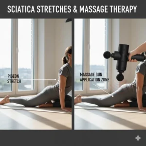 A split-screen graphic showing a person performing a pigeon stretch alongside the use of a percussion massager.