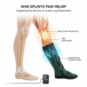 Anatomical illustration showing how the recovery device targets the tibialis anterior to soothe shin splints.
