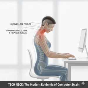 Visual representation of tech neck showing how leaning towards a monitor strains the cervical spine and upper back.