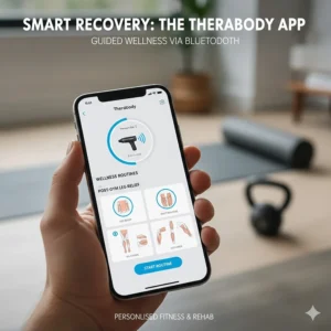 A smartphone displaying the Therabody app connected via Bluetooth to a Theragun Elite to show guided wellness routines.