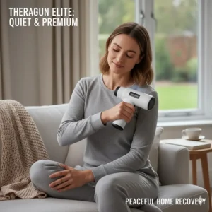 A person using the white Theragun Elite at home in a living room, demonstrating its premium finish and QuietForce technology.