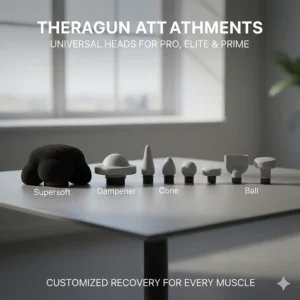 A range of Theragun attachment heads, including the Supersoft and Dampener, compatible with Pro, Elite, and Prime models.