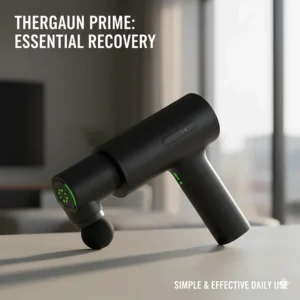 The Theragun Prime model showing the LED pressure indicators and simplified control buttons for everyday recovery.