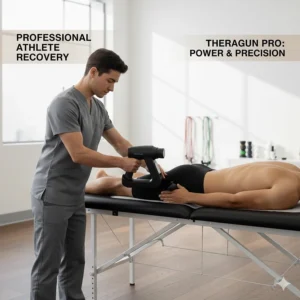A professional physiotherapist using the Theragun Pro on an athlete's hamstrings, highlighting the adjustable arm feature.