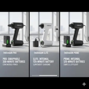 An illustration comparing the battery life and swappable battery feature of the Pro versus the internal batteries of the Elite and Prime.