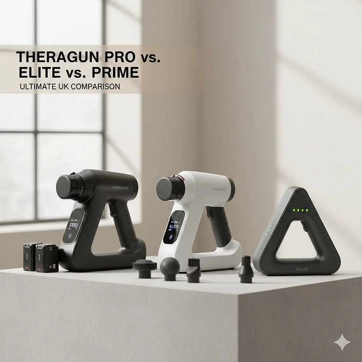 A side-by-side comparison of the Theragun Pro, Elite, and Prime massage guns on a neutral background, showing the different sizes and ergonomic designs. theragun pro vs elite vs prime comparison