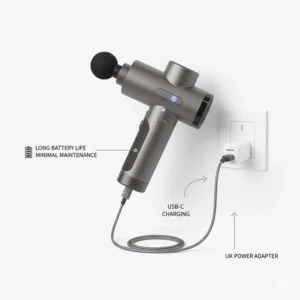 A massage gun connected to a UK power adapter via USB-C, showcasing long battery life and minimal maintenance for the user.