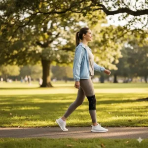 A person wearing a discreet, low-profile brace for calf muscle recovery while walking in a park.