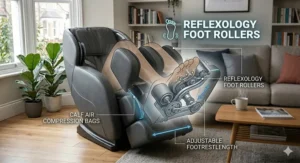 Close-up illustration of under-foot reflexology rollers and calf air compression bags for leg relief.