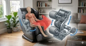 Diagram illustrating how 3D massage chair rollers move in and out to adjust pressure depth for a personalised back massage.