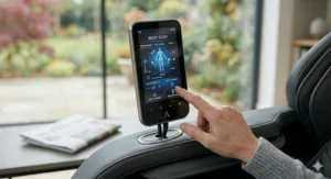 A close-up of the LCD touchscreen controller used to select various pre-set massage programmes and adjust 4D intensity levels in a UK home.