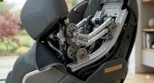 A detailed internal cutaway of the 4D massage chair showing the mechanical gears and multi-directional rollers that provide a deep tissue massage.