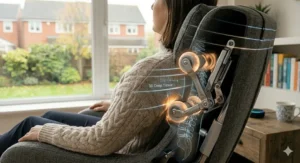 Technical illustration of 3D AI rollers and a metallic mechanism providing a deep tissue massage to the lower back.