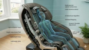 A photorealistic diagram showing AI body scanning technology and laser distance sensors for a bespoke massage.