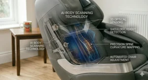 Alt text for image 7: Illustration of AI body scanning sensors and 3D optical technology measuring shoulder height for a bespoke massage programme.