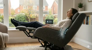 Close-up of a digital interface showing real-time heart rate and stress levels tracked by an intelligent massage chair sensor.